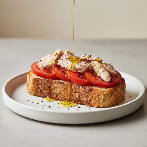 Pan de masa madre tostado, cubierto con tomate en rodajas y atún, aliñado con aceite de oliva virgen, sal y un toque de pimienta. Una tosta sencilla y bien definida, donde la textura del pan y la frescura del tomate marcan el conjunto. Una propuesta honesta y sabrosa, pensada para disfrutar del producto sin artificios.